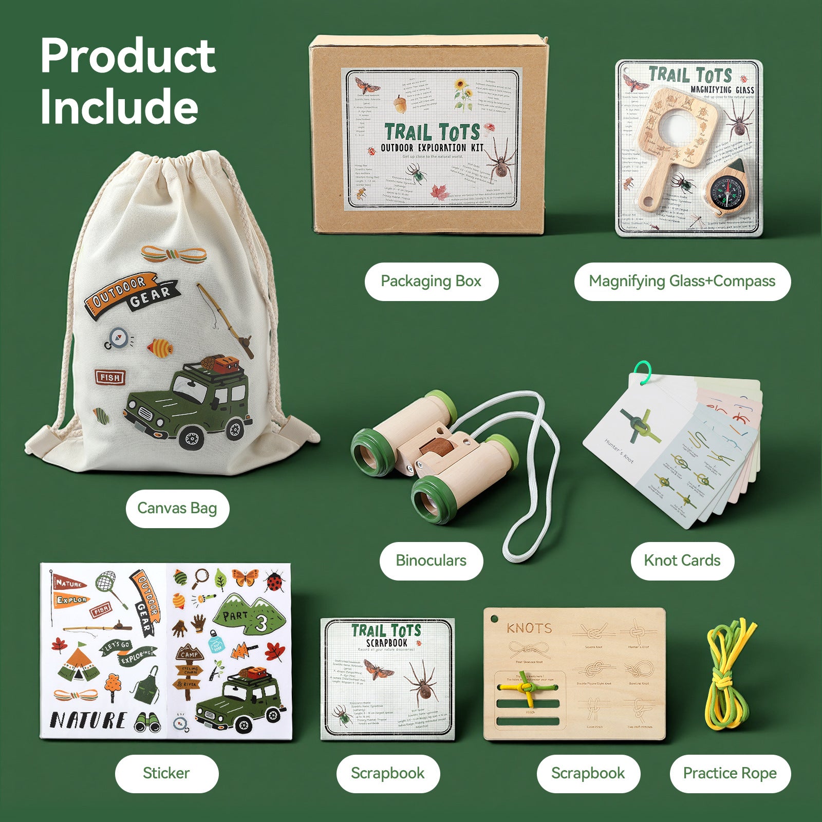 Outdoor exploration kit with various components on a green background